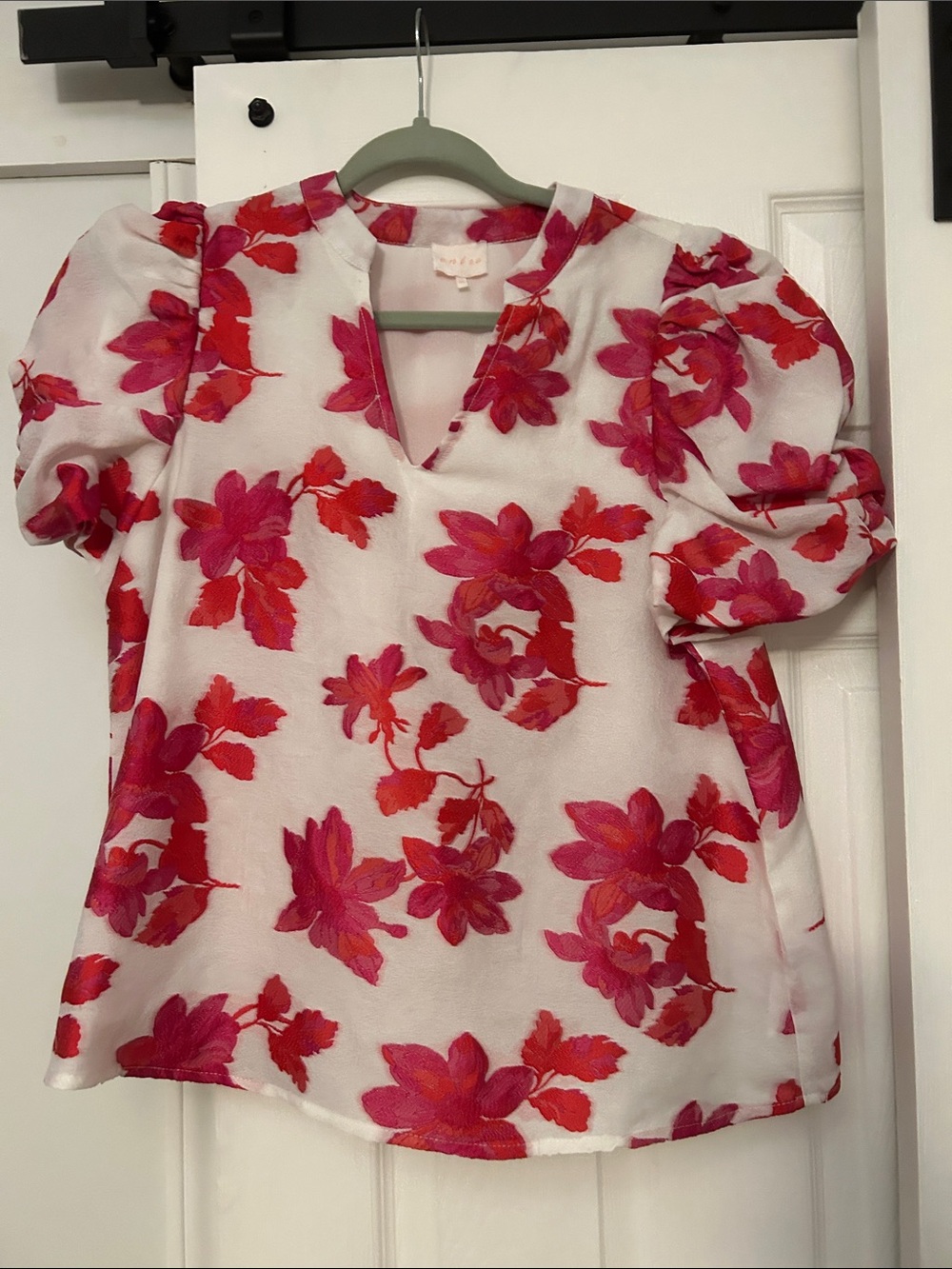 entro White Blouse with Pink & Red Floral Print